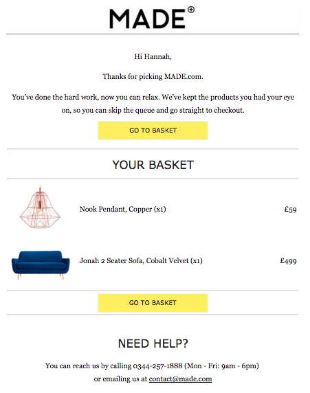 An abandonded cart email by Made.com_