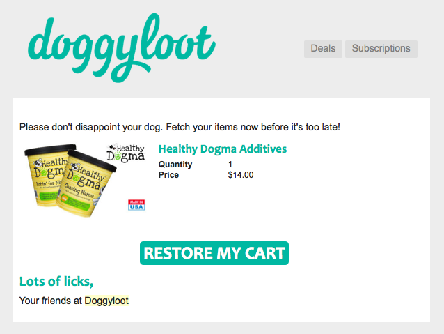 An abandoned cart email by doggyloot