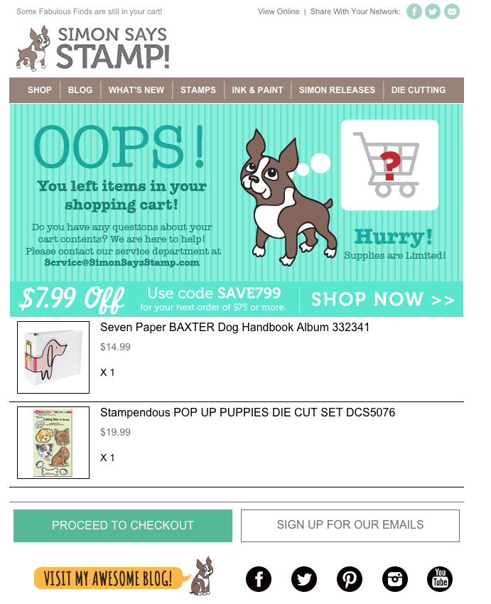 An abandoned cart email by Simon Says Stamp