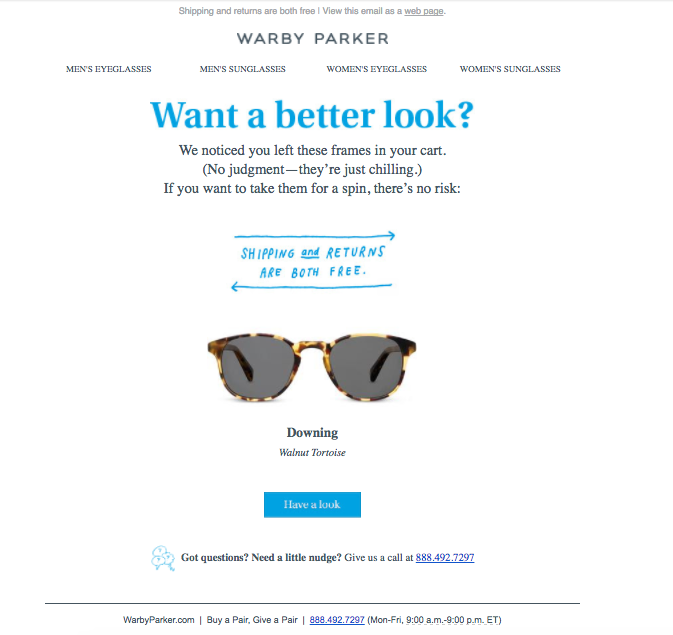 An abandoned cart email by WarbyParker