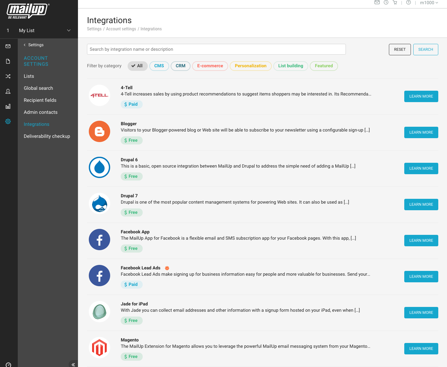 integrations catalog mailup