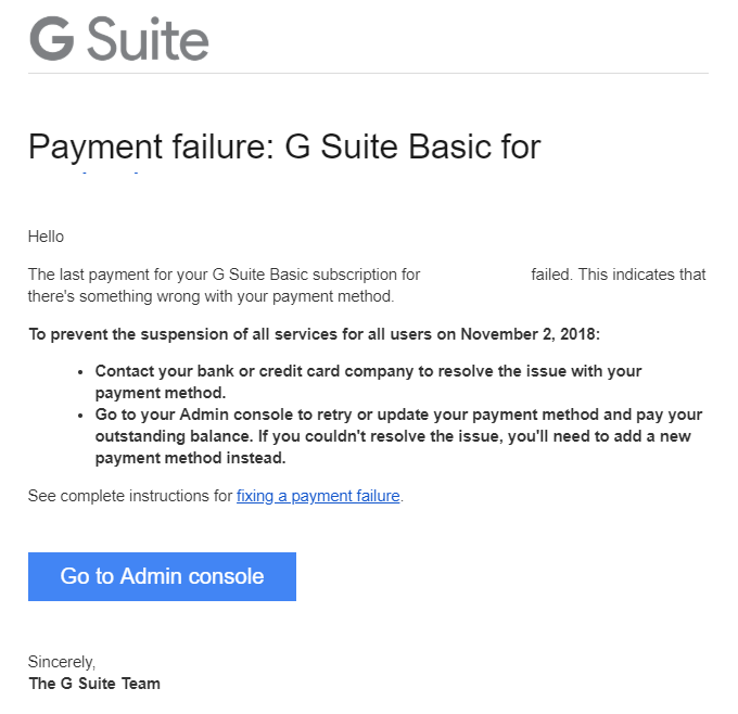 payment failed gsuite